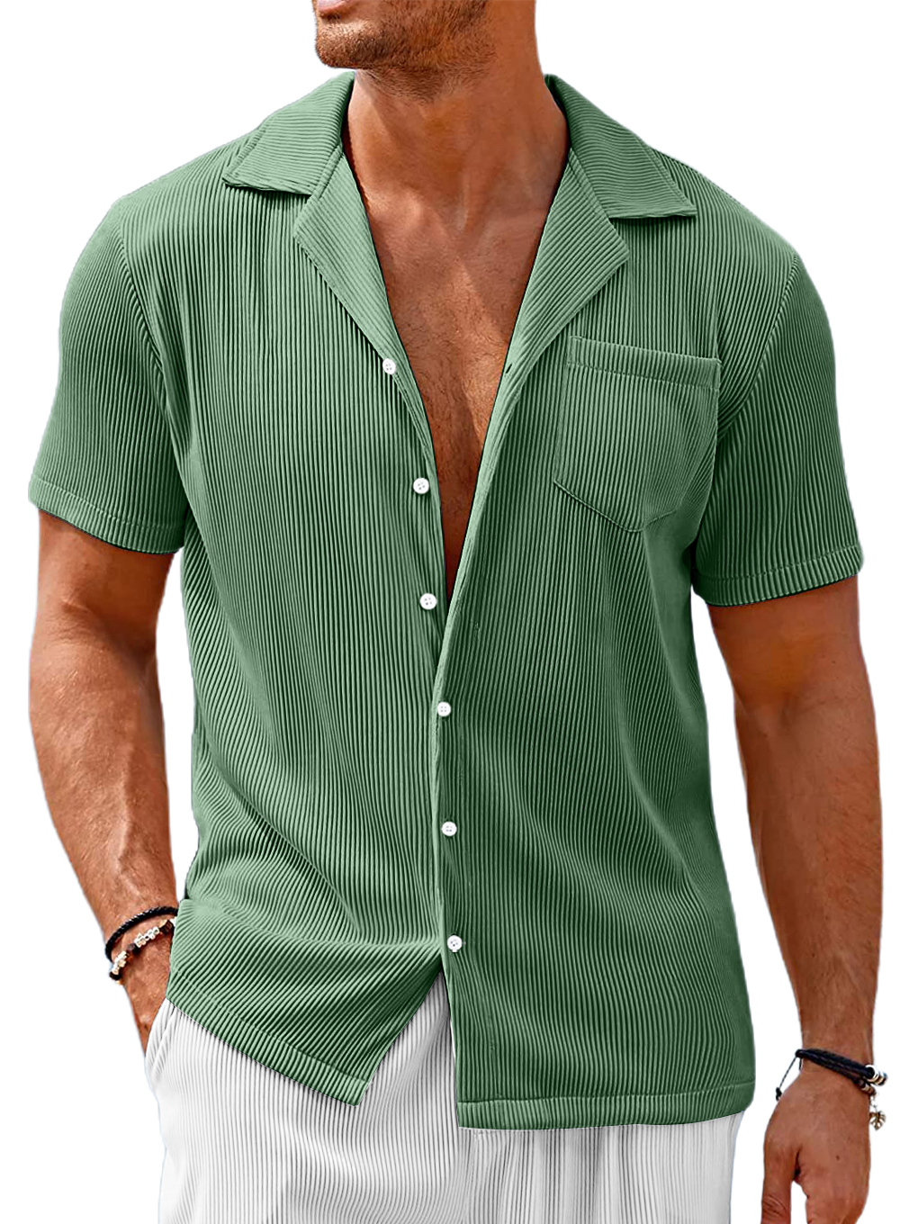 Men's Cuban Collar Pocket Solid Color Vertical Striped Pocket Short-sleeved Shirt