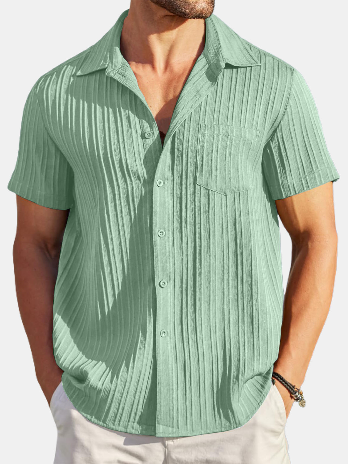Men's Striped Texture Cotton And Linen Simple Casual Pocket Short-sleeved Shirt