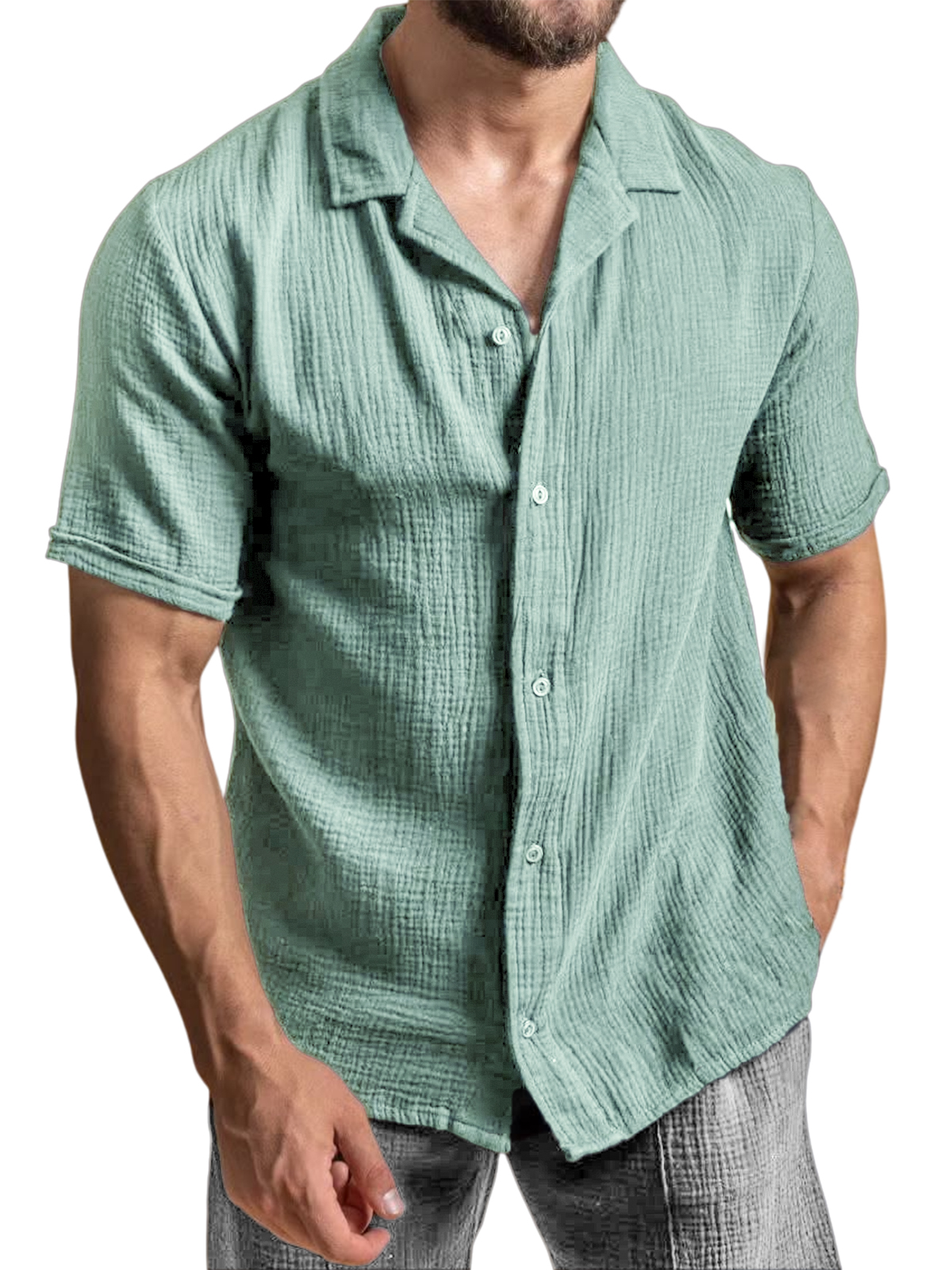 Men's Casual Camp Collar Crepe Button Short Sleeve Shirt