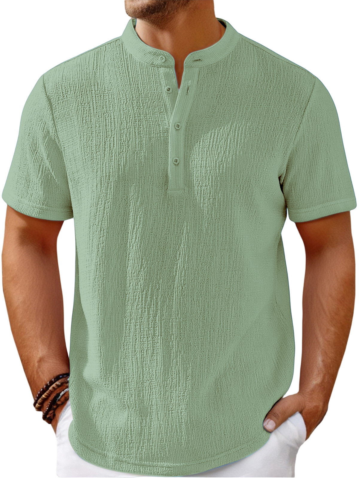 Men's Vintage Cotton and Linen Striped Henley Casual Loose Shirt