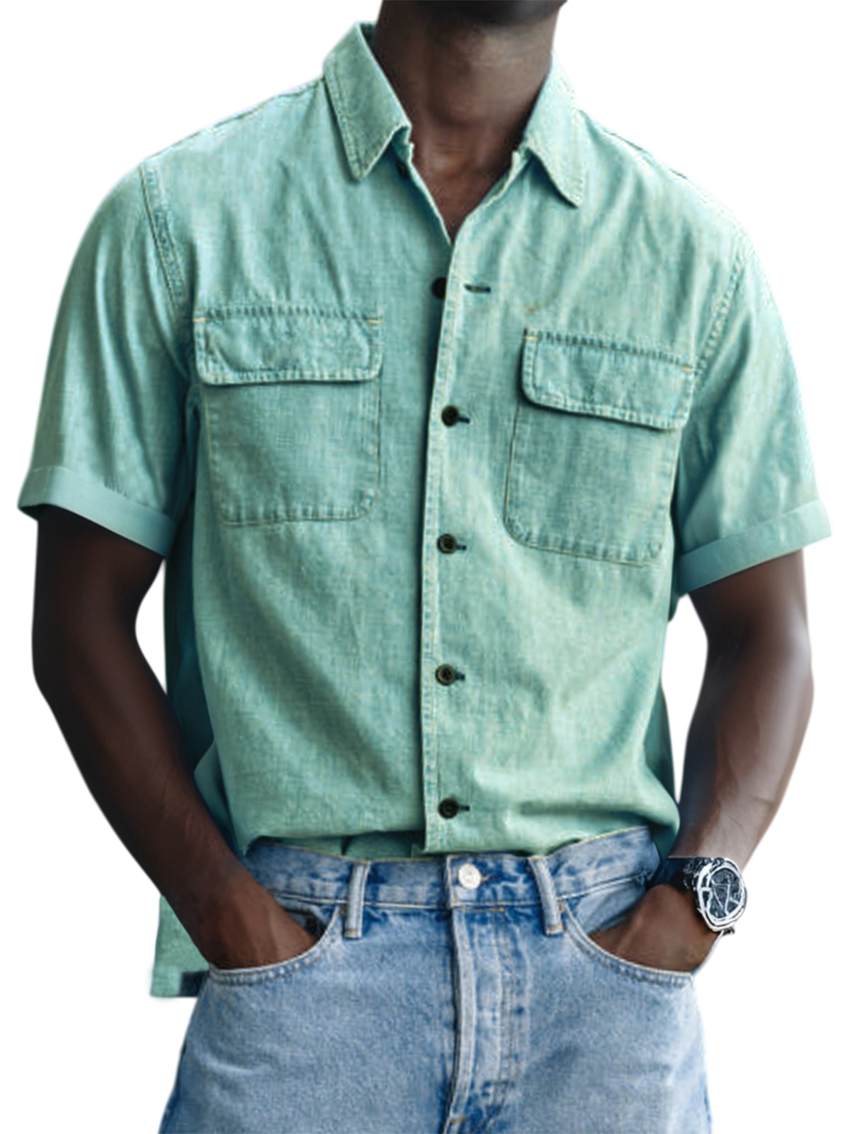 Men's Vintage Utility Double Pocket Button Down Short Sleeve Shirt