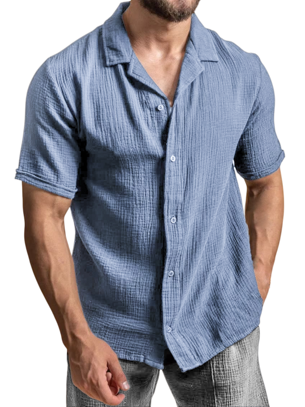 Men's Casual Camp Collar Crepe Button Short Sleeve Shirt