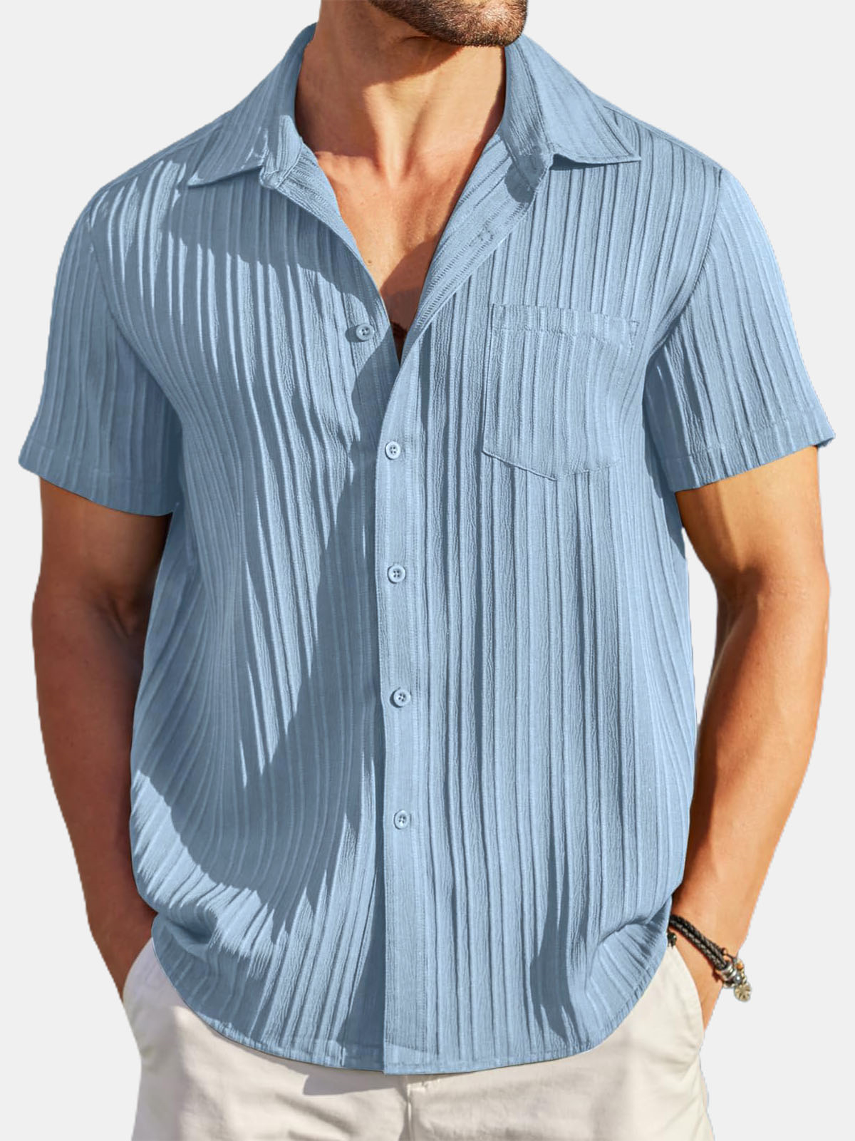 Men's Striped Texture Cotton And Linen Simple Casual Pocket Short-sleeved Shirt
