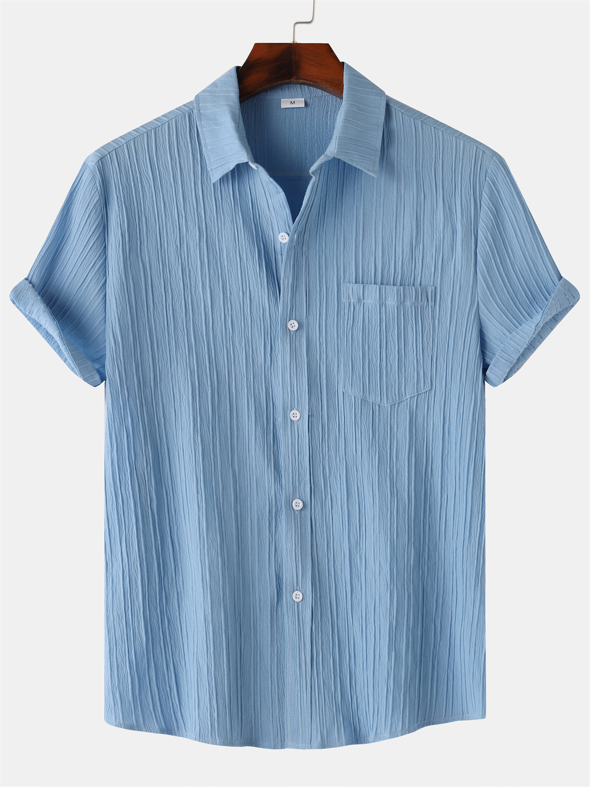 Men's Striped Texture Cotton And Linen Simple Casual Pocket Short-sleeved Shirt