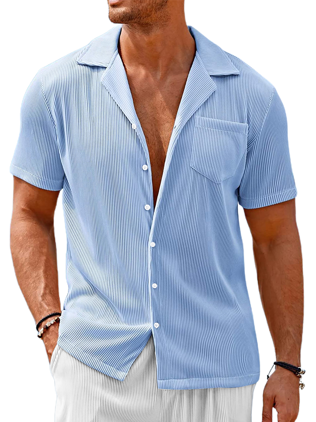 Men's Cuban Collar Pocket Solid Color Vertical Striped Pocket Short-sleeved Shirt