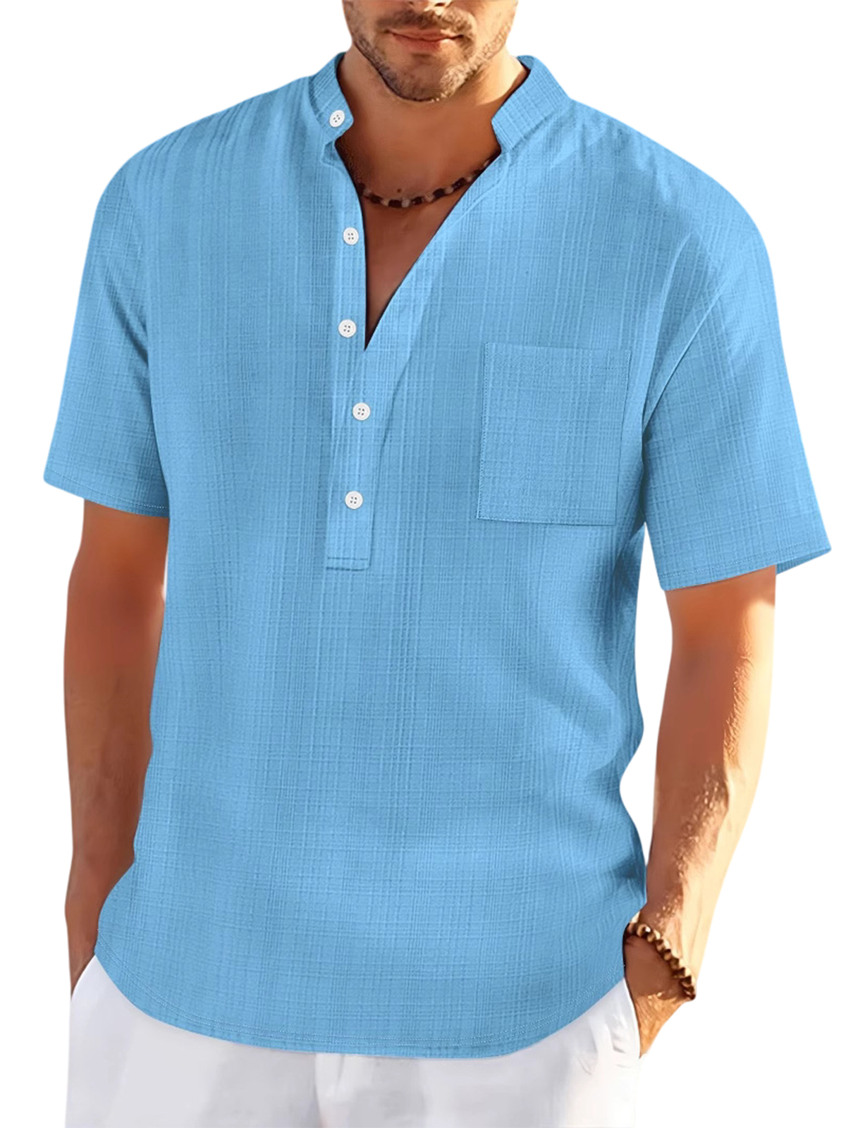 Men's Linen Stand Collar Loose Casual Jacquard Short Sleeve Henley Shirt
