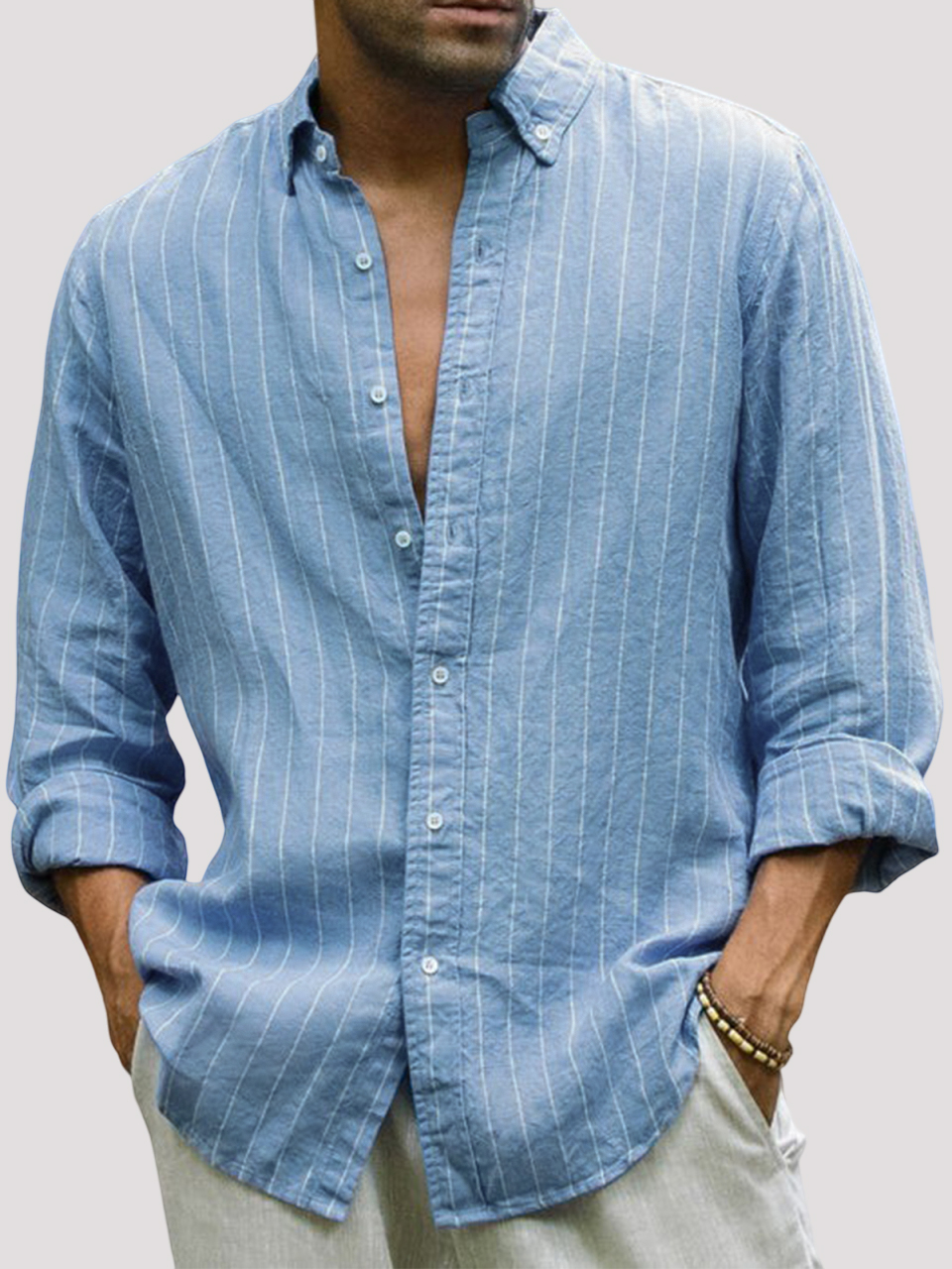 Men's Casual Cotton Striped Basic Solid Color Lapel Long Sleeve Shirt