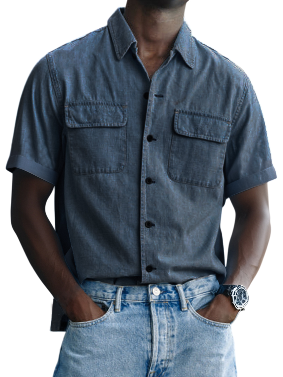 Men's Vintage Utility Double Pocket Button Down Short Sleeve Shirt