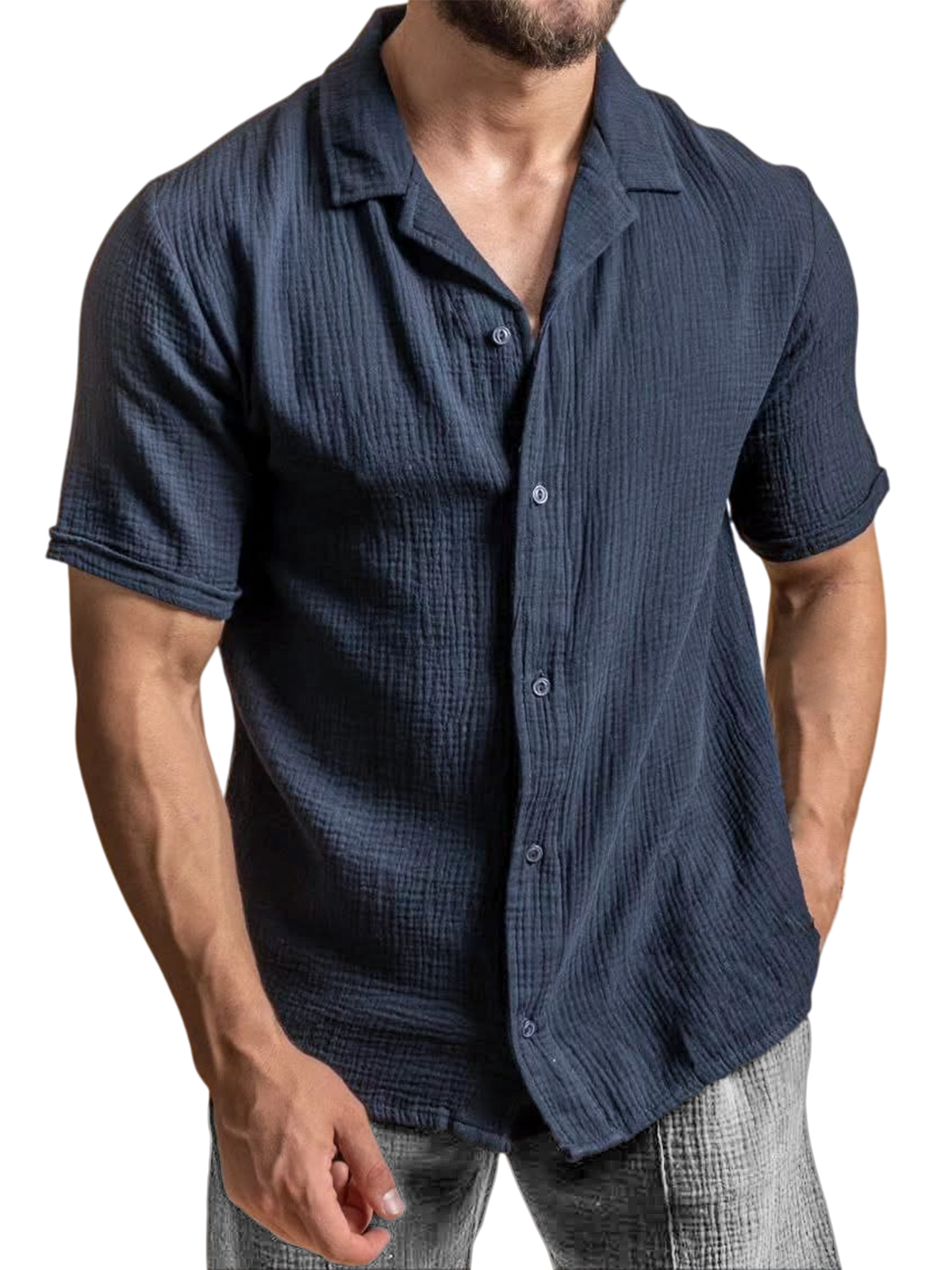 Men's Casual Camp Collar Crepe Button Short Sleeve Shirt