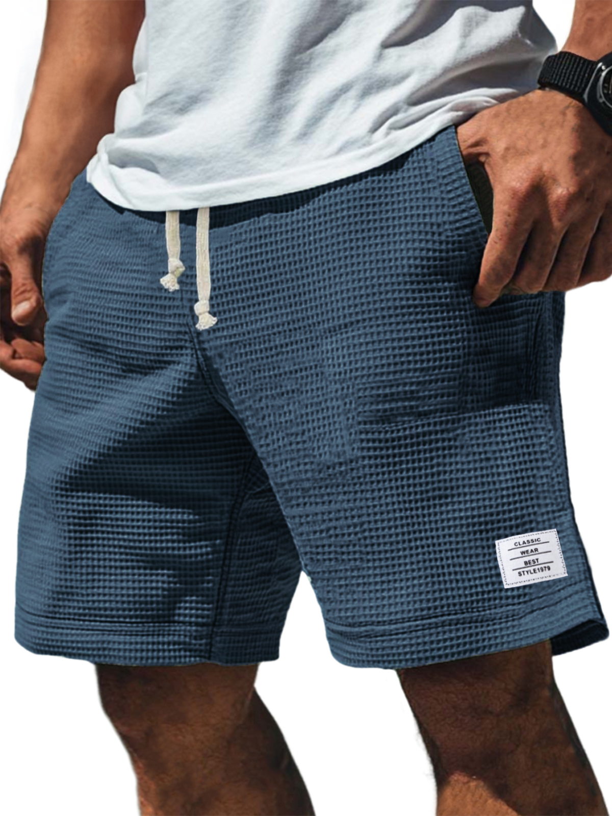 Men's Soft Waffle Simple Embroidered Logo Stylish Lace Up Everyday Casual Shorts