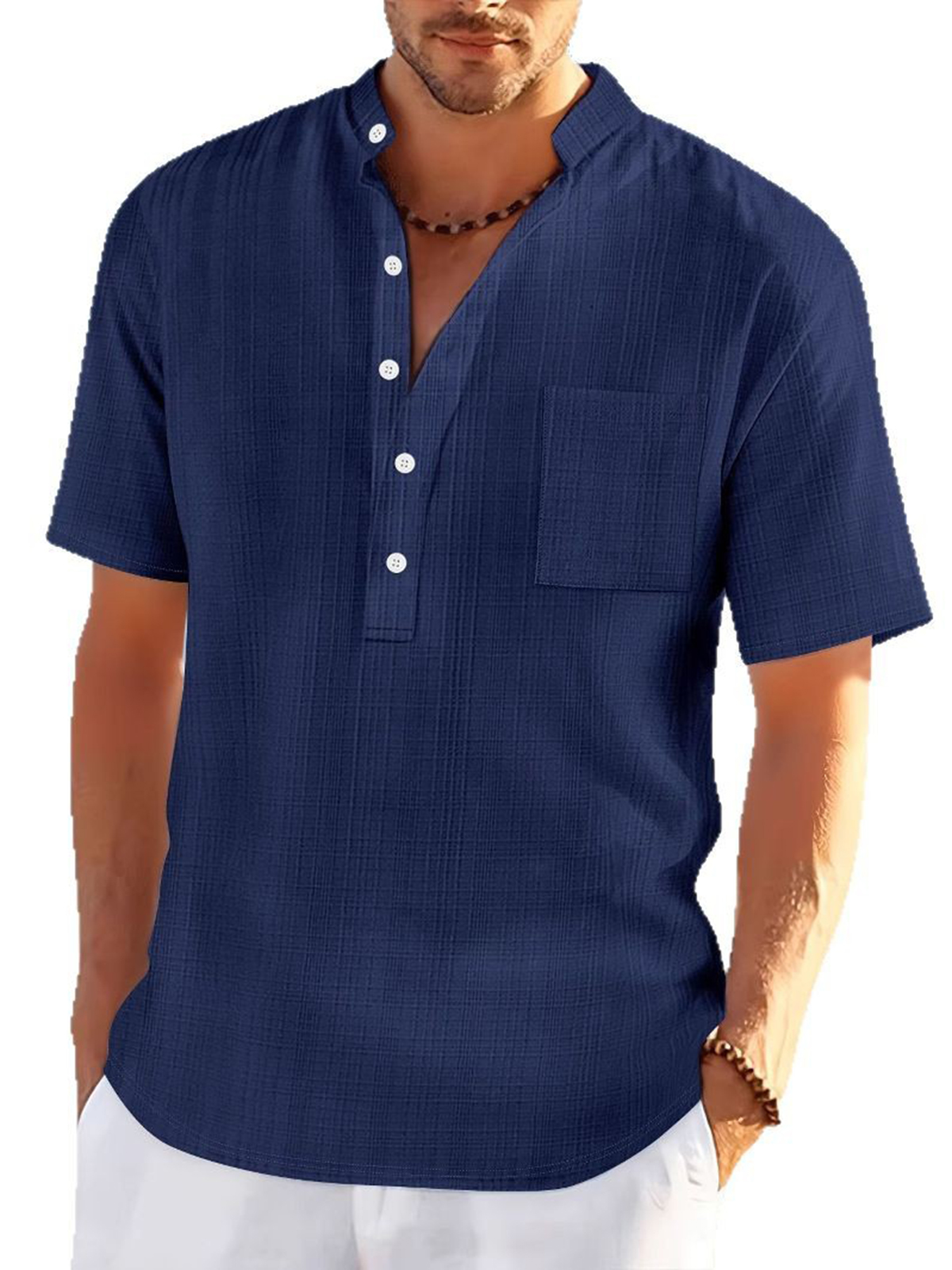 Men's Linen Stand Collar Loose Casual Jacquard Short Sleeve Henley Shirt