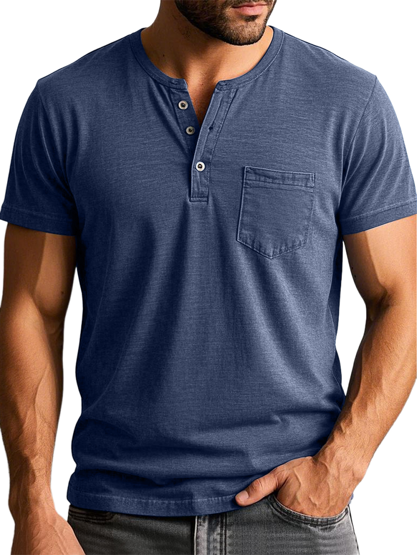 Men's Vintage Henley Collar Pocket Short Sleeve Casual T-shirt