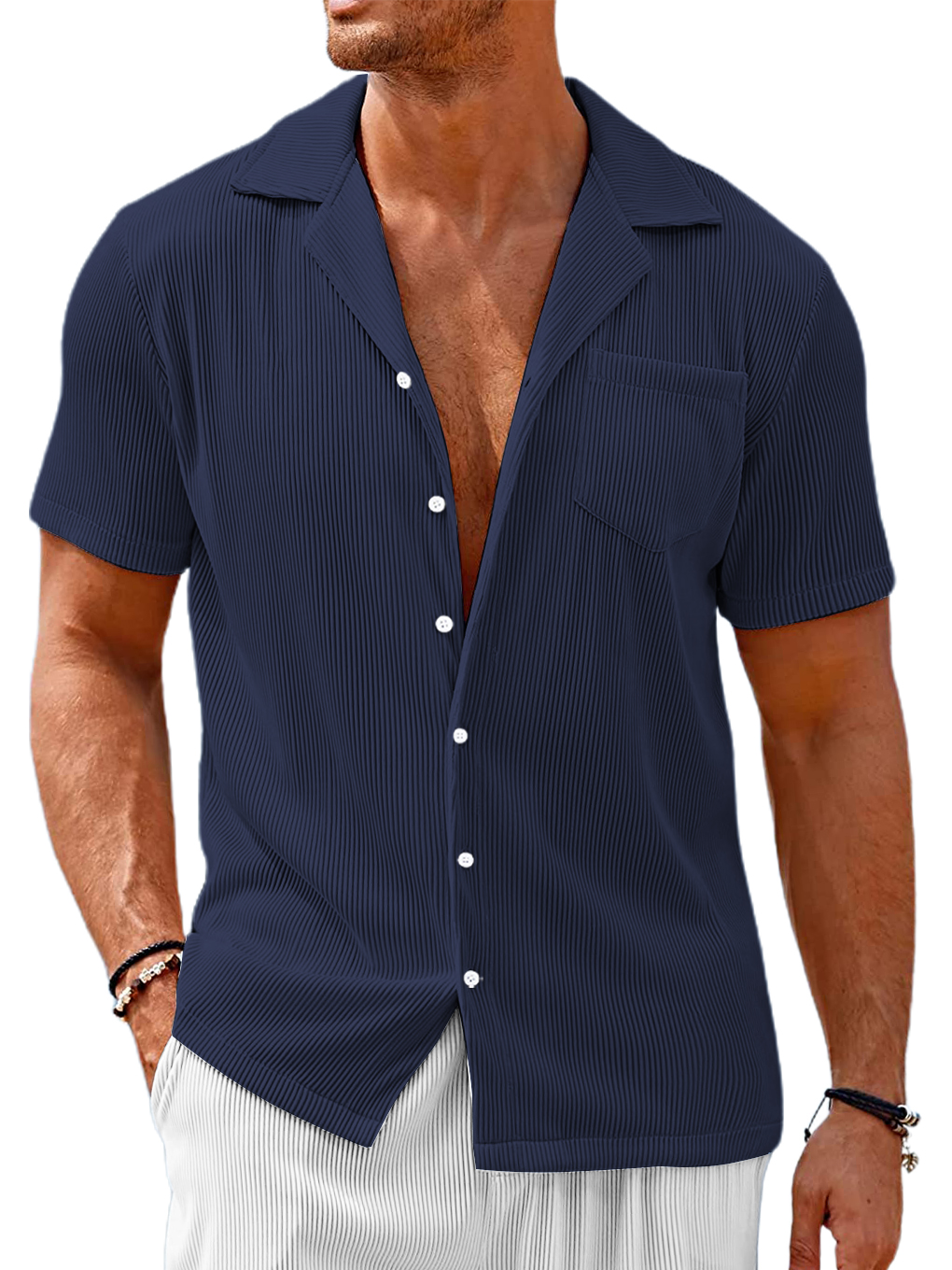 Men's Cuban Collar Pocket Solid Color Vertical Striped Pocket Short-sleeved Shirt