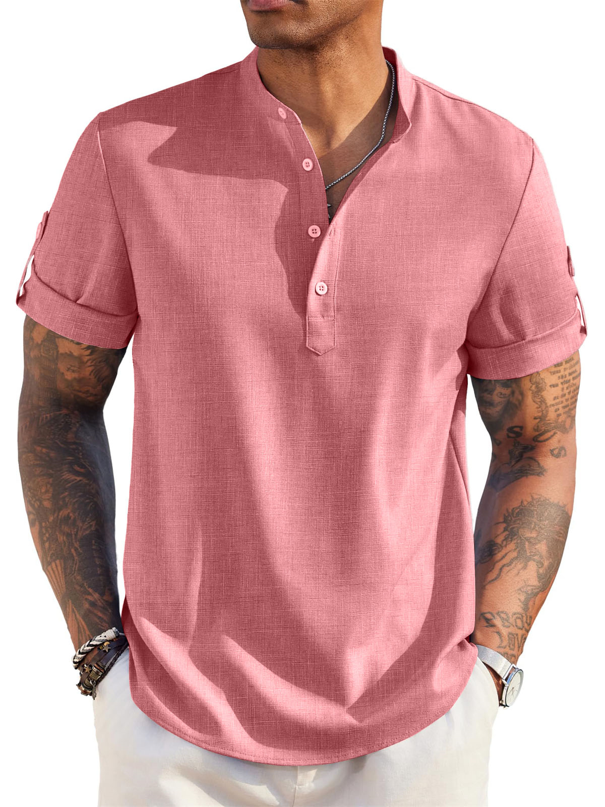 Men's Cotton And Linen Stand Collar Basic Casual Short-sleeved Shirt