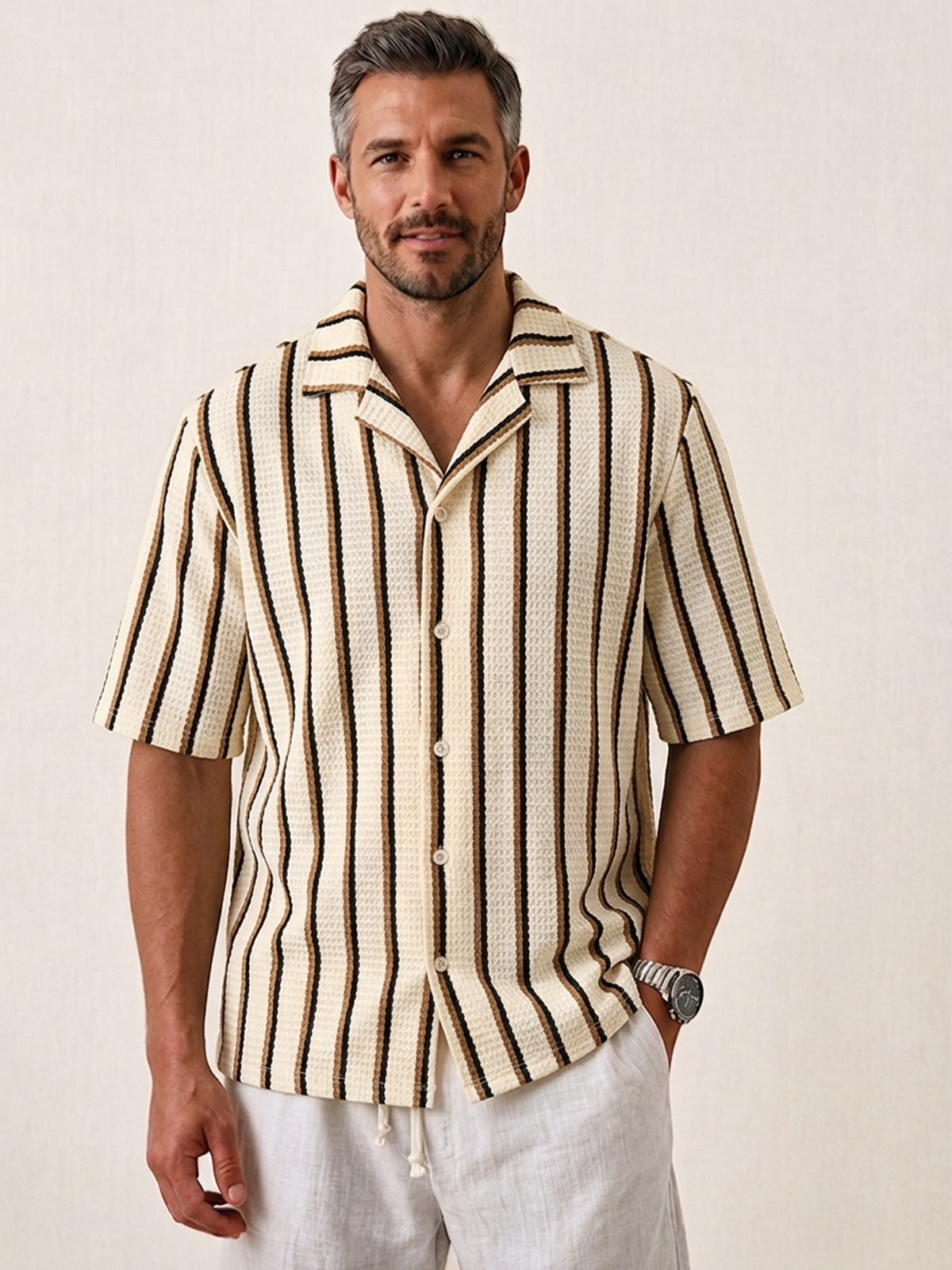 Men's Casual Textured Striped Breathable Collared Short-Sleeve Shirt