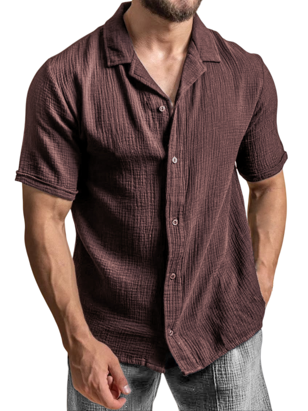 Men's Casual Camp Collar Crepe Button Short Sleeve Shirt