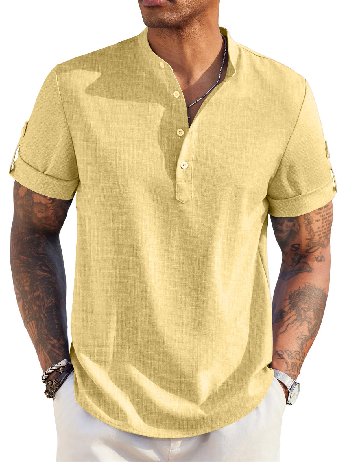 Men's Cotton And Linen Stand Collar Basic Casual Short-sleeved Shirt