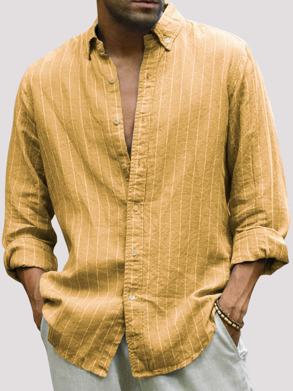 Men's Casual Cotton Striped Basic Solid Color Lapel Long Sleeve Shirt