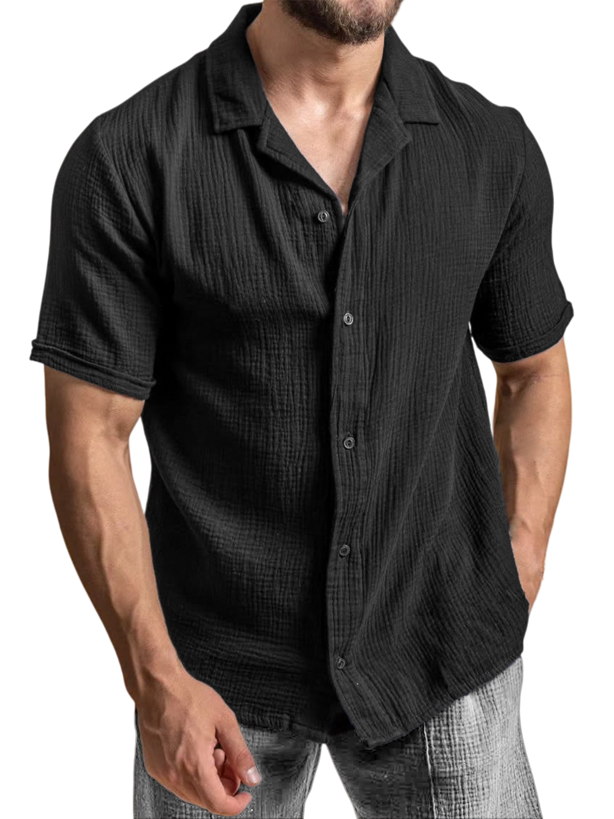 Men's Casual Camp Collar Crepe Button Short Sleeve Shirt