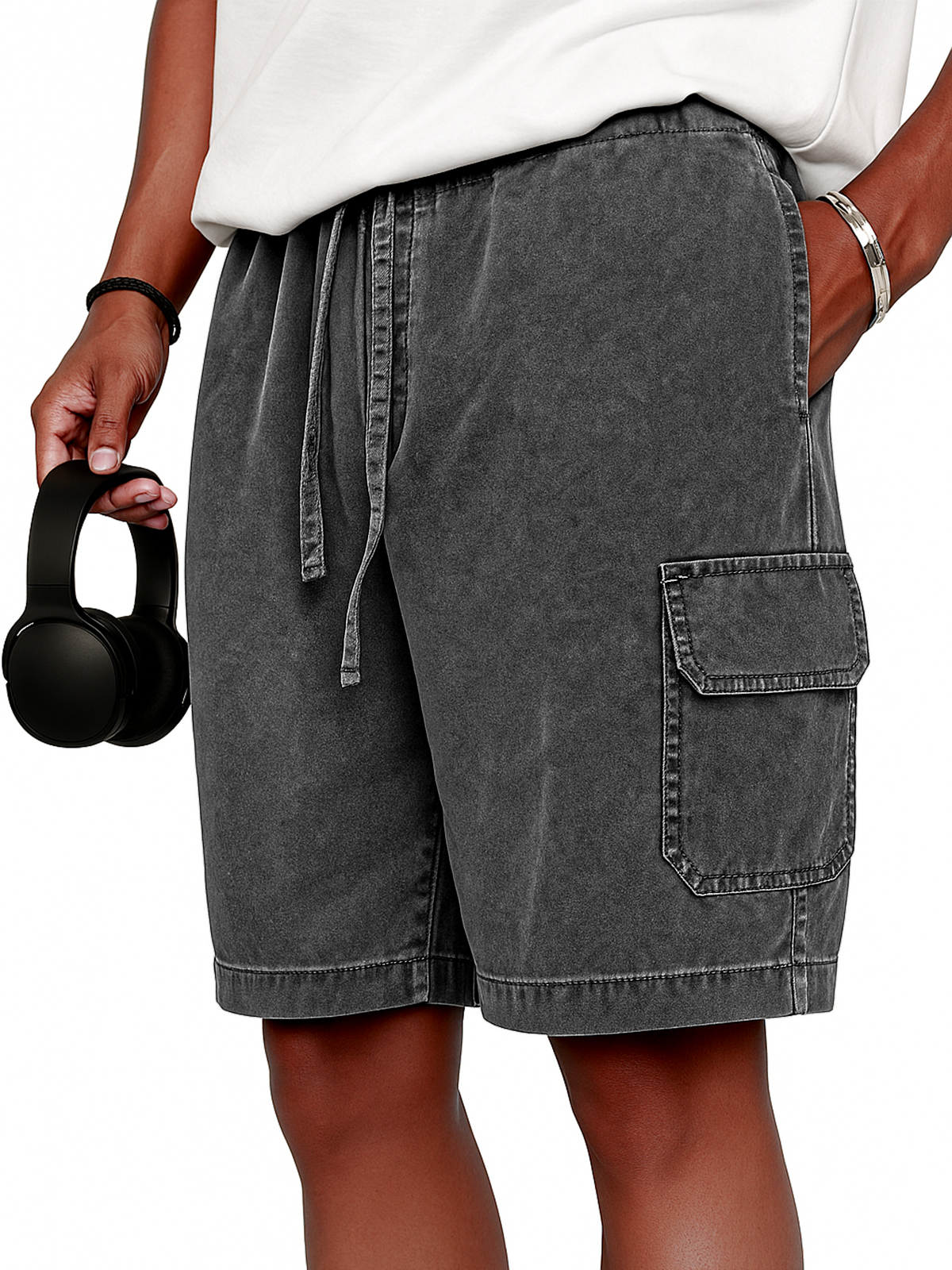 Men's Stylish Vintage Dyed Cargo Lace Up Practical Pockets Casual  Shorts