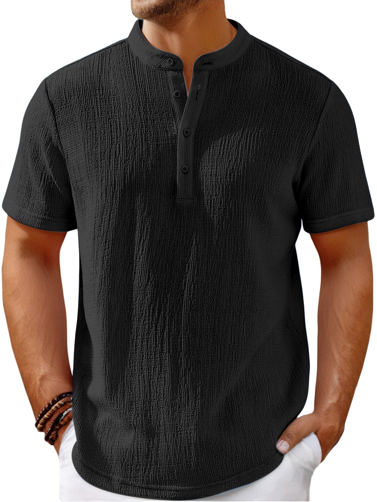 Men's Vintage Cotton and Linen Striped Henley Casual Loose Shirt