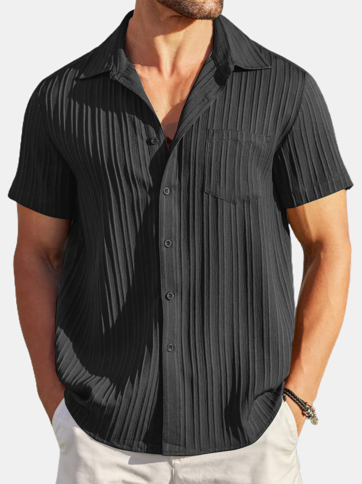 Men's Striped Texture Cotton And Linen Simple Casual Pocket Short-sleeved Shirt