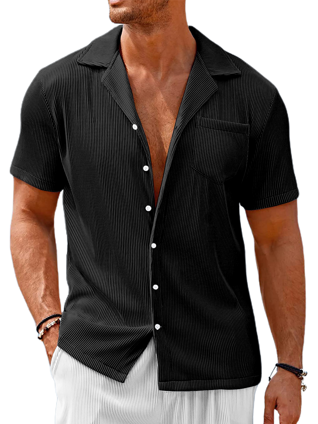 Men's Cuban Collar Pocket Solid Color Vertical Striped Pocket Short-sleeved Shirt