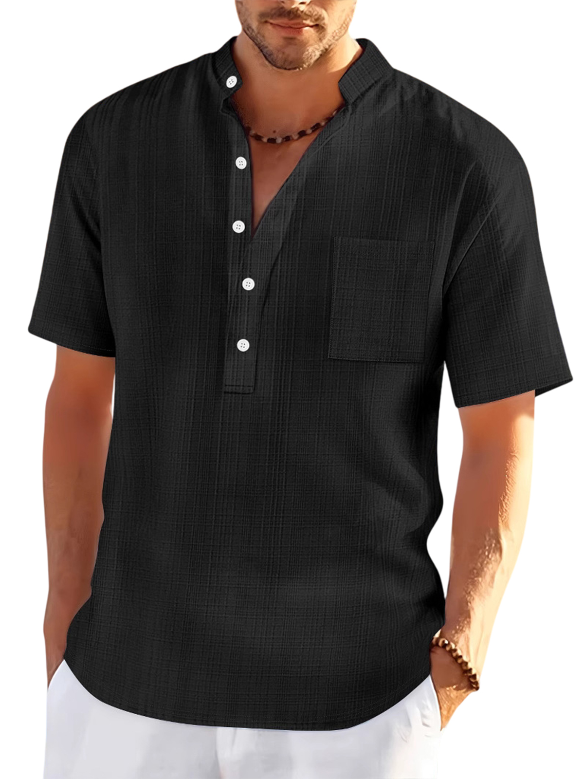 Men's Linen Stand Collar Loose Casual Jacquard Short Sleeve Henley Shirt