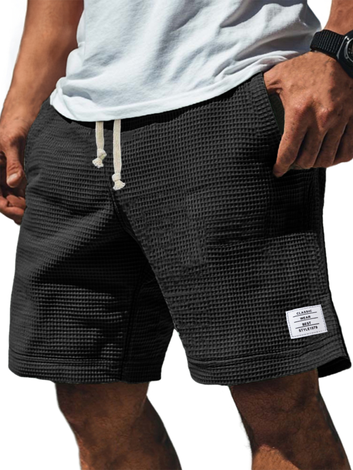 Men's Soft Waffle Simple Embroidered Logo Stylish Lace Up Everyday Casual Shorts