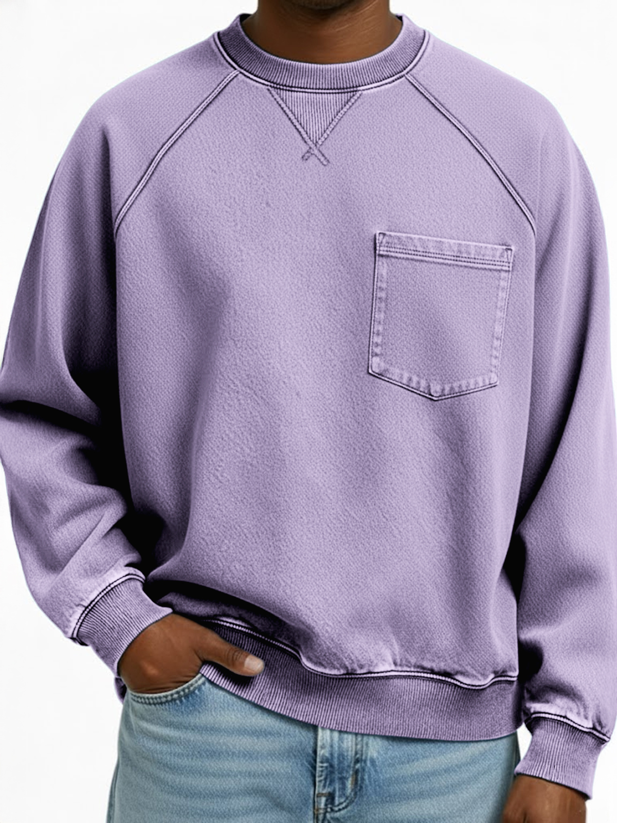 Men's Vintage Distressed Raglan Sleeve X-stitched Patchwork Pocket Crew Neck Pullover Sweatshirt