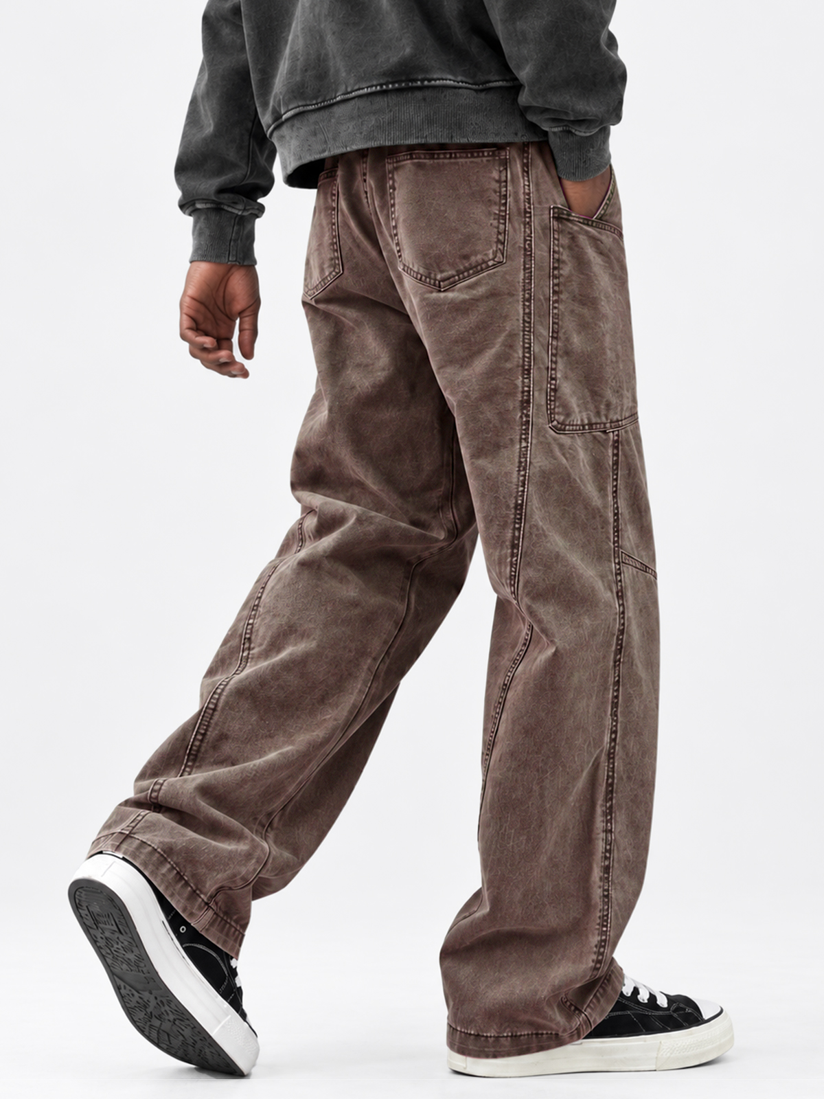 Men's Autumn 100% Cotton Vintage-Washed Multi-Pocket Straight-Leg Trousers