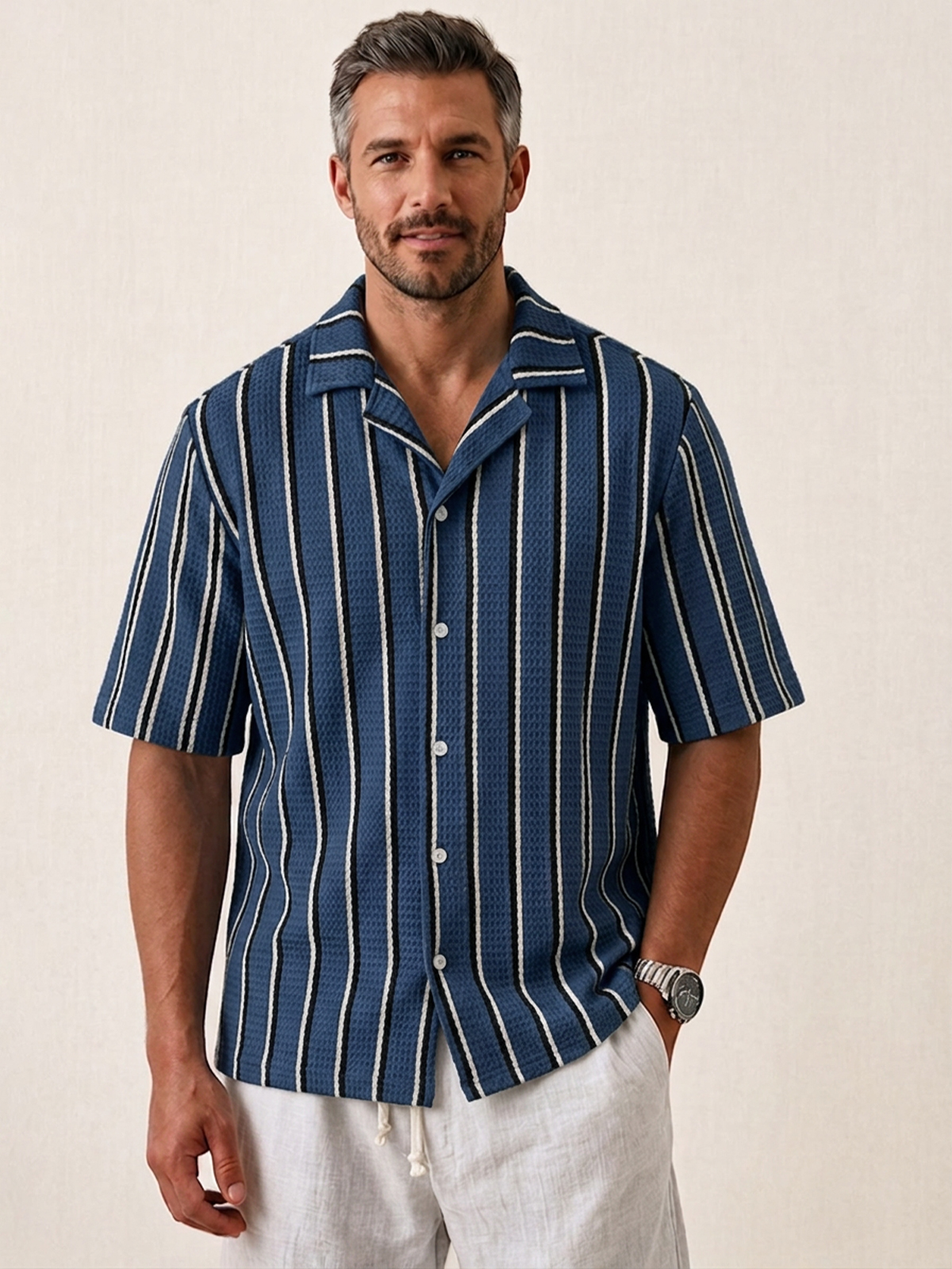 Men's Casual Textured Striped Breathable Collared Short-Sleeve Shirt