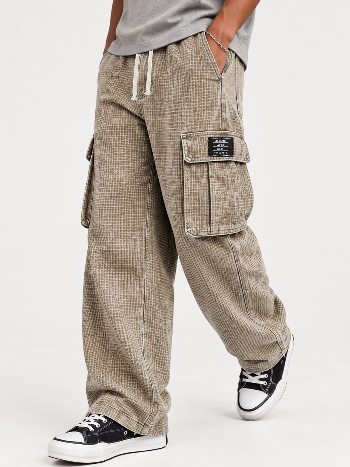 Men's Retro Distressed Washed Waffle Knit Autumn/Winter Cargo Pants