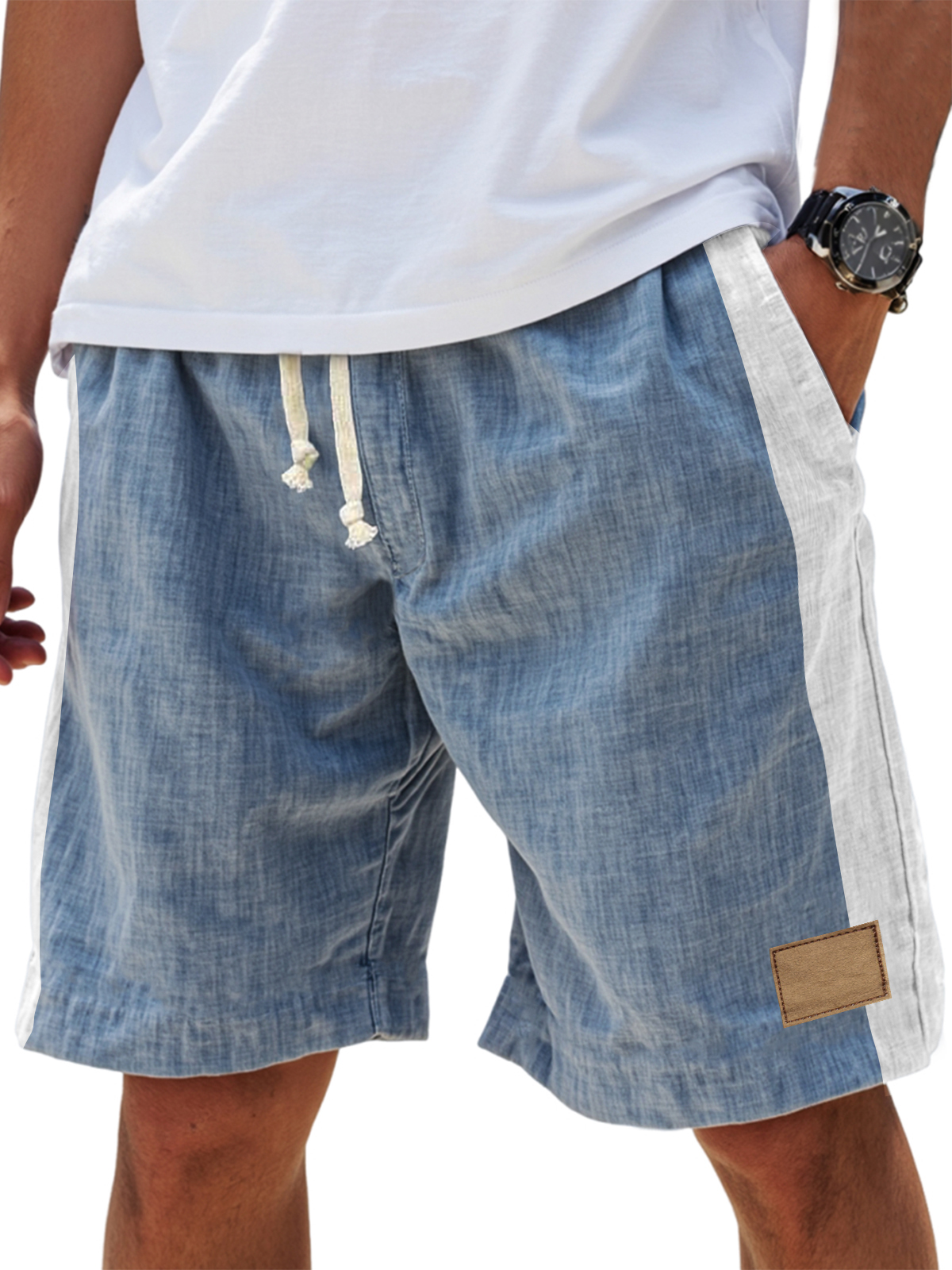 Men's Casual Breathable Linen Embroidered Logo Loose Fitting Vacation Color Blocked Shorts