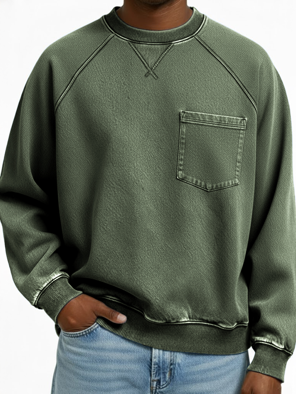 Men's Vintage Distressed Raglan Sleeve X-stitched Patchwork Pocket Crew Neck Pullover Sweatshirt