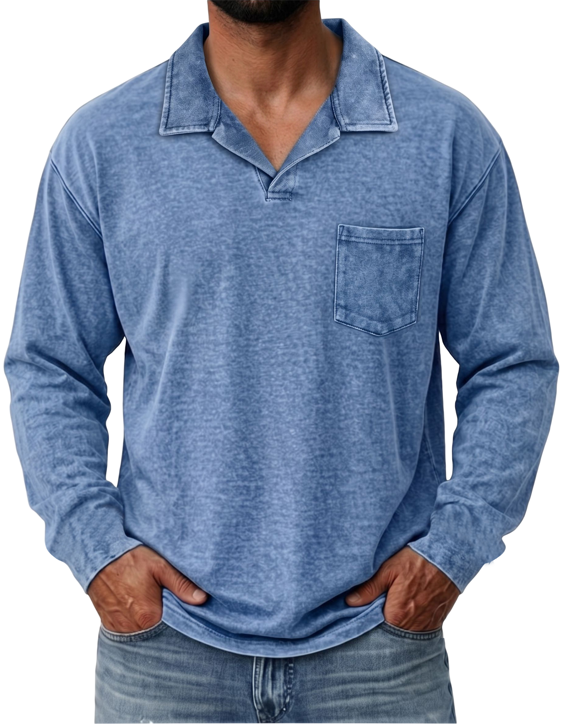 100% Cotton Vintage Washed Collared Pocket Pullover Long Sleeve Polo Shirt