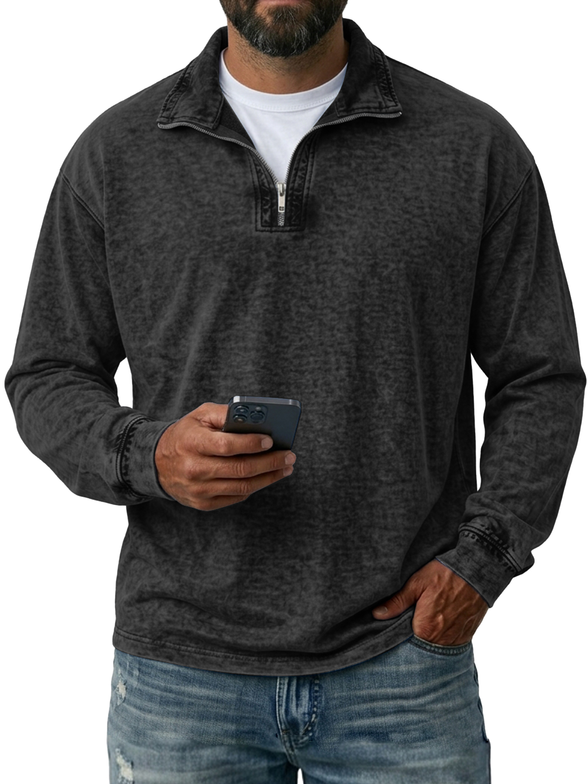Men's Quarter-Zip Washed Distressed Long Sleeve T-Shirt