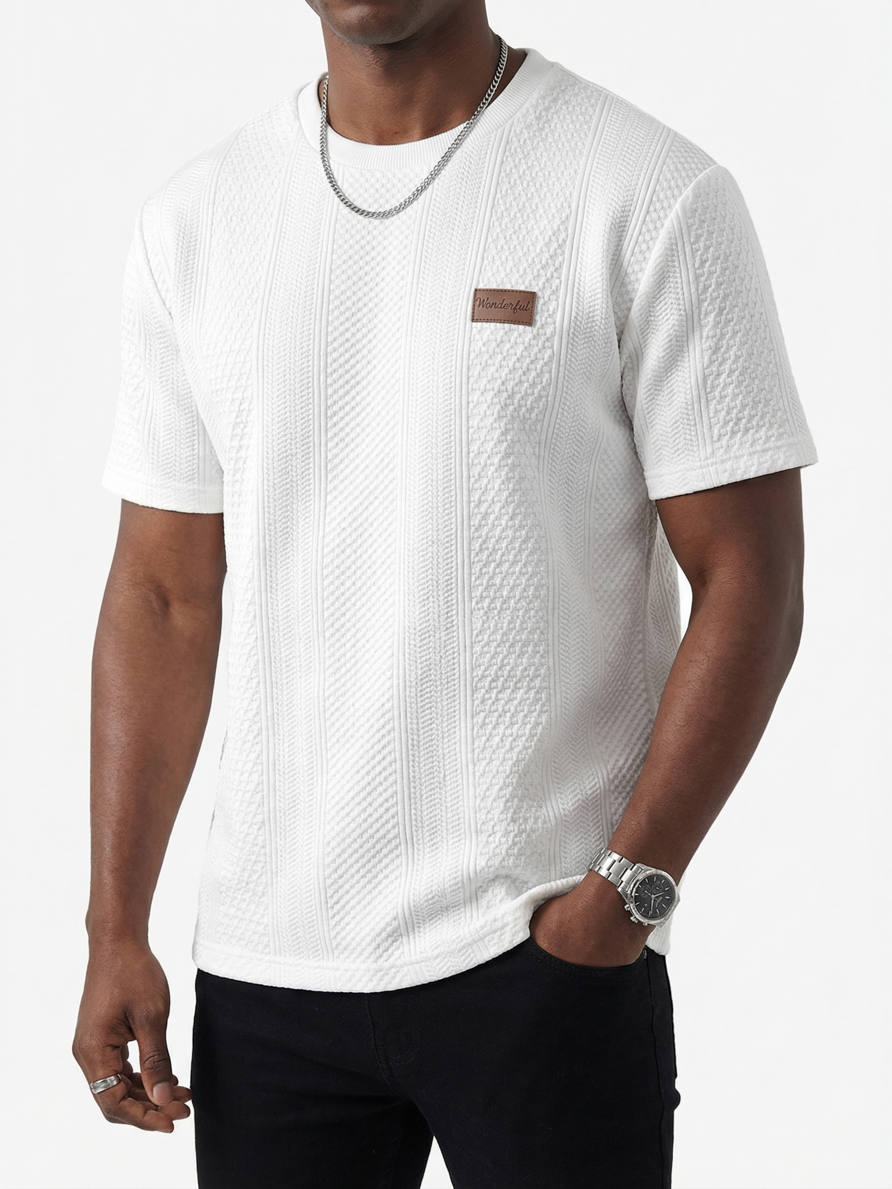 Men's Striped Jacquard Textured Casual Crew Neck Short-Sleeve T-Shirt