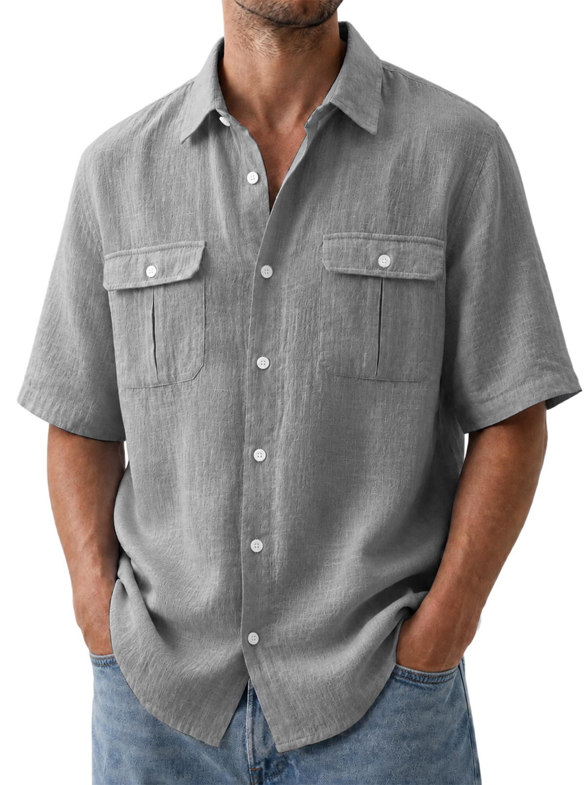 Men's Double Pocket Cotton Linen Casual Short Sleeve Shirt