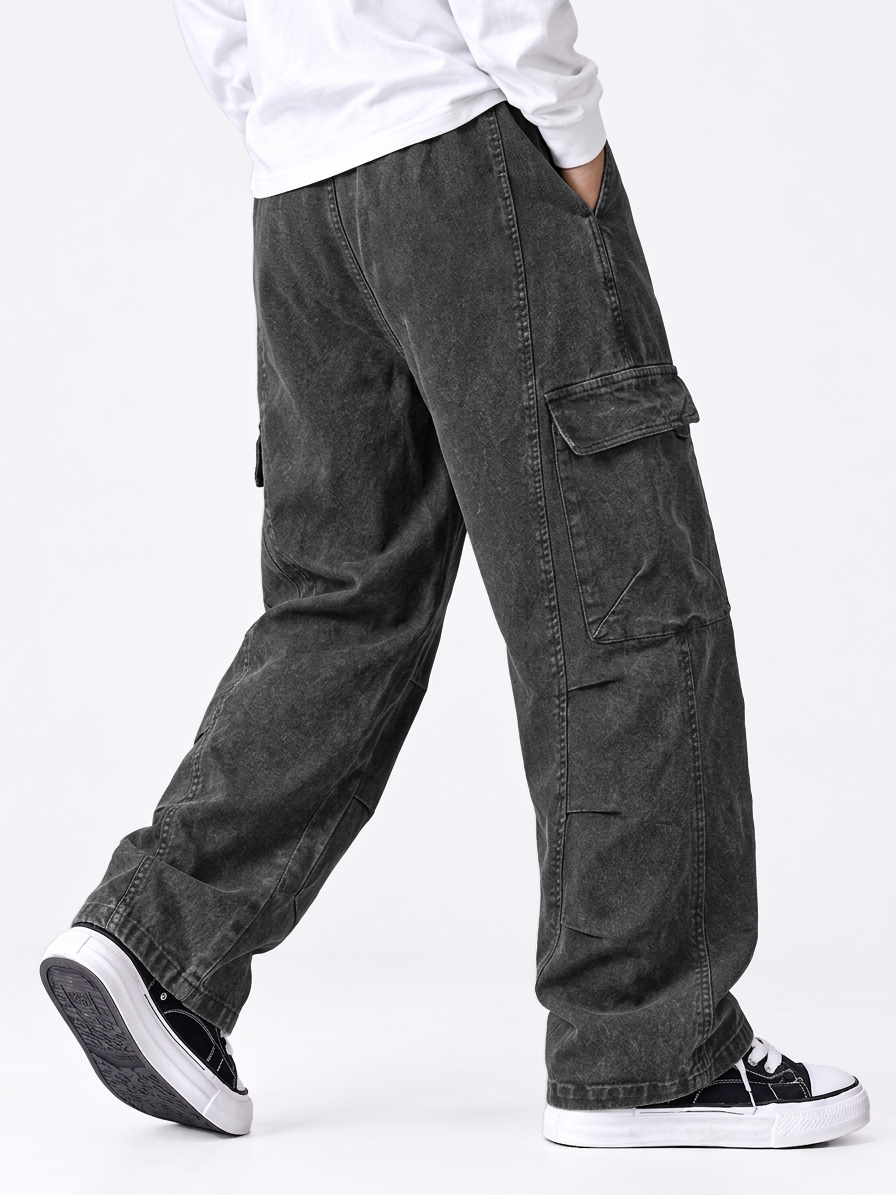 Men's 100% Cotton Washed Distressed Heavy-Duty Straight Leg Pants