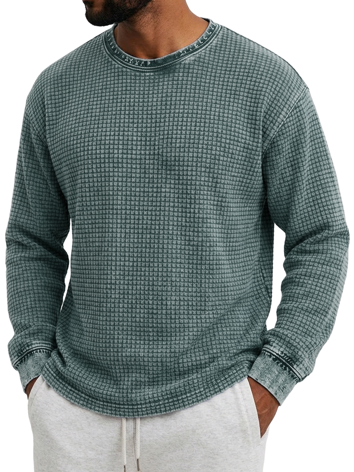 Men's Retro Distressed Waffle Knit Crew Neck Long-Sleeve T-Shirt