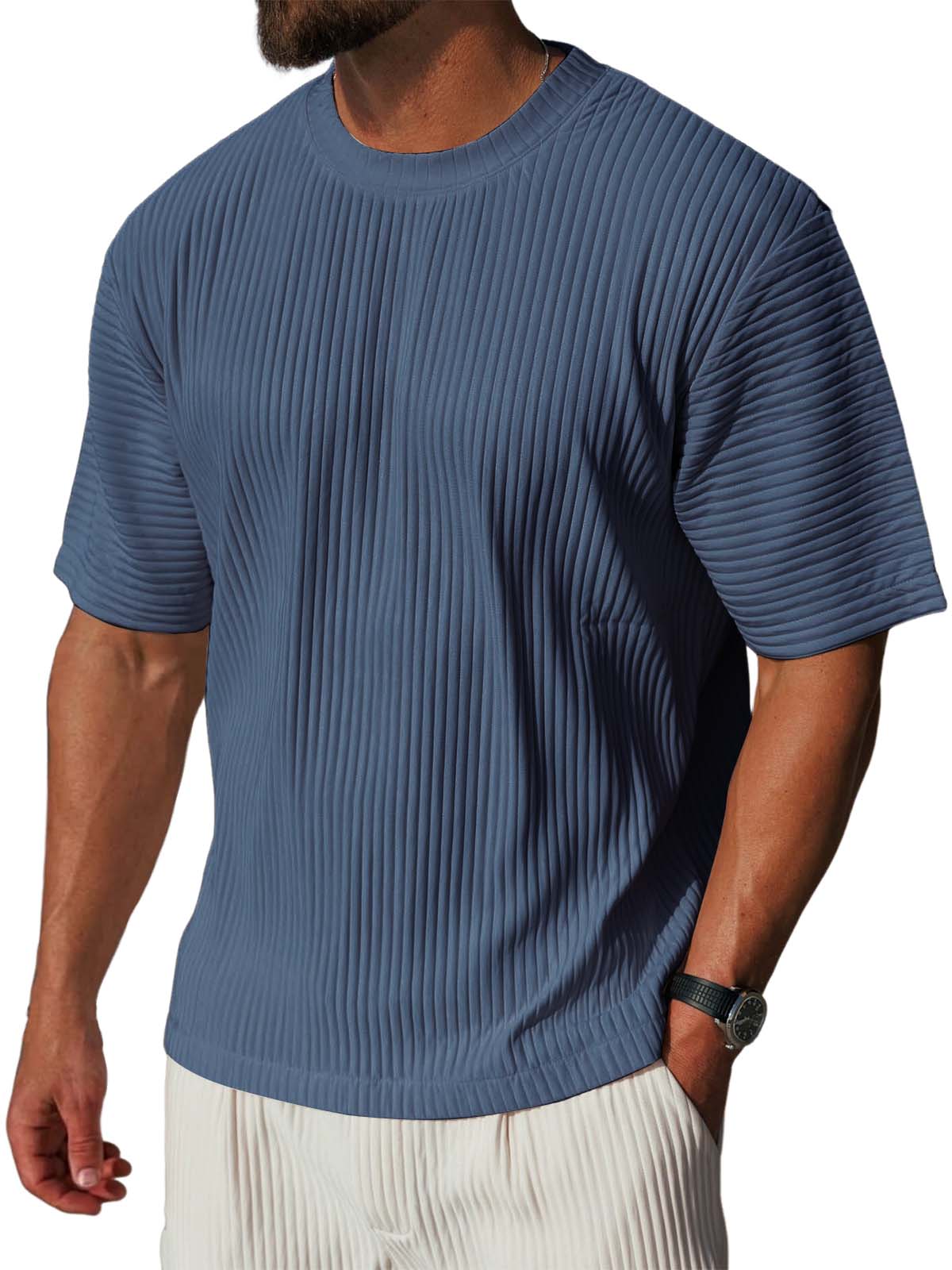 Men's Textured Ribbed Crew Neck T-Shirt