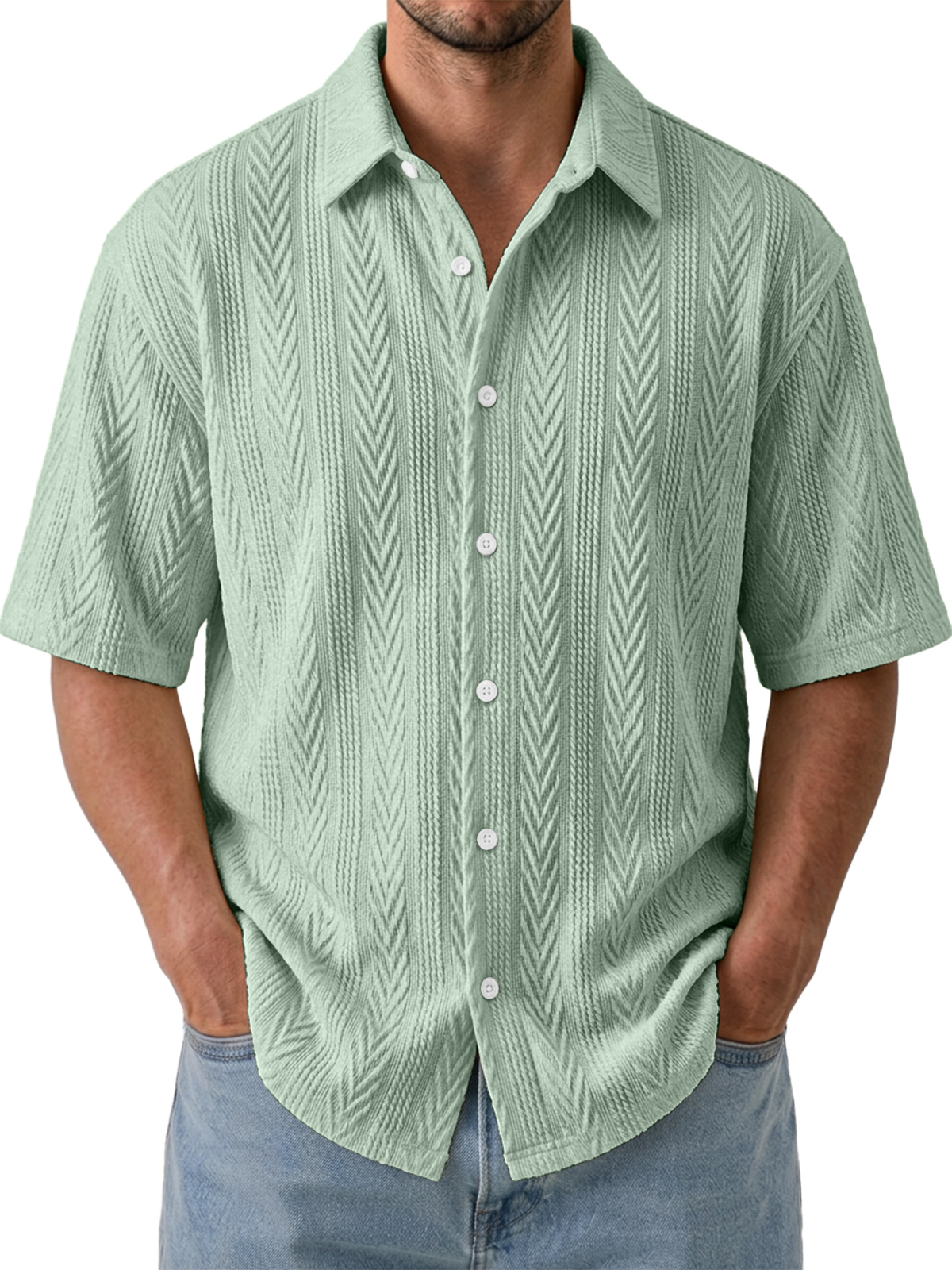Men's Comfortable Casual Jacquard Wheat Ear Stripe Breathable Collared Short-Sleeve Shirt