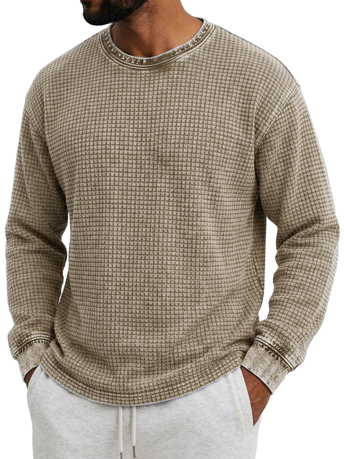 Men's Retro Distressed Waffle Knit Crew Neck Long-Sleeve T-Shirt
