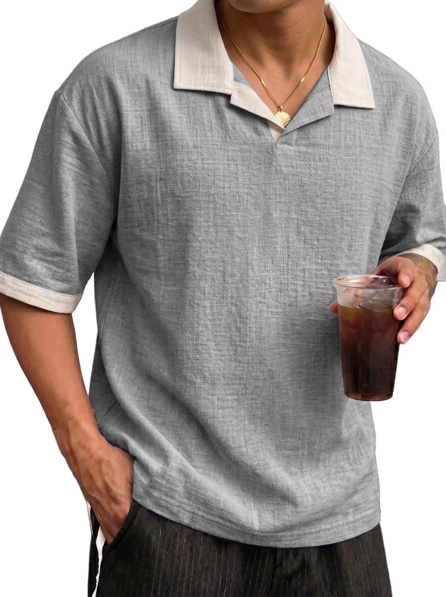 Men's Breathable Linen Color Block Pleated Resort Style Collared Shirt