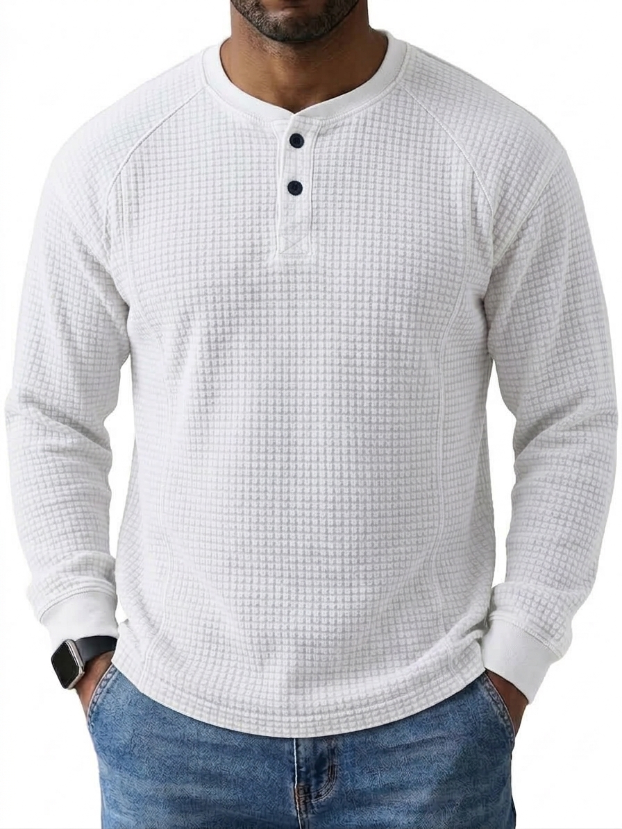 Men's Vintage Washed Distressed Waffle Knit Long-Sleeve Henley Shirt
