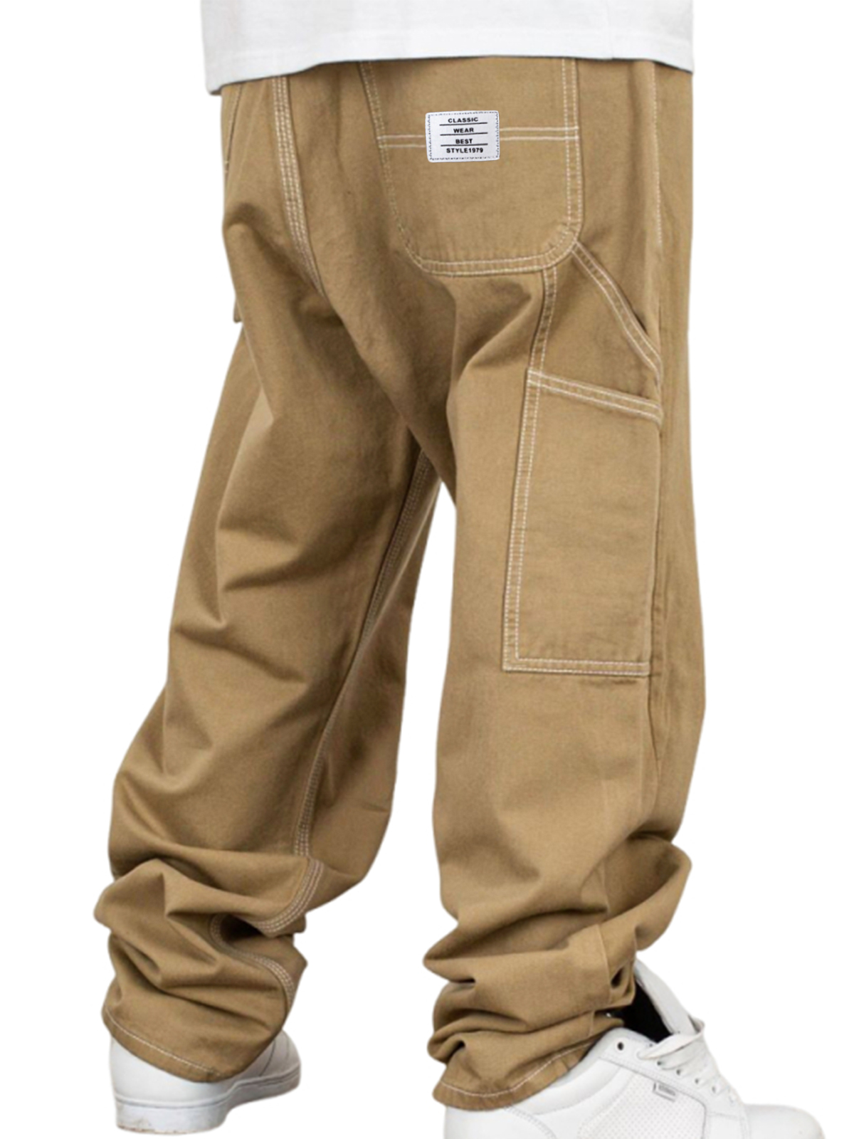 Men's Vintage Workwear Multi-pocket Casual Twill Cotton Trousers with Embroidered Label