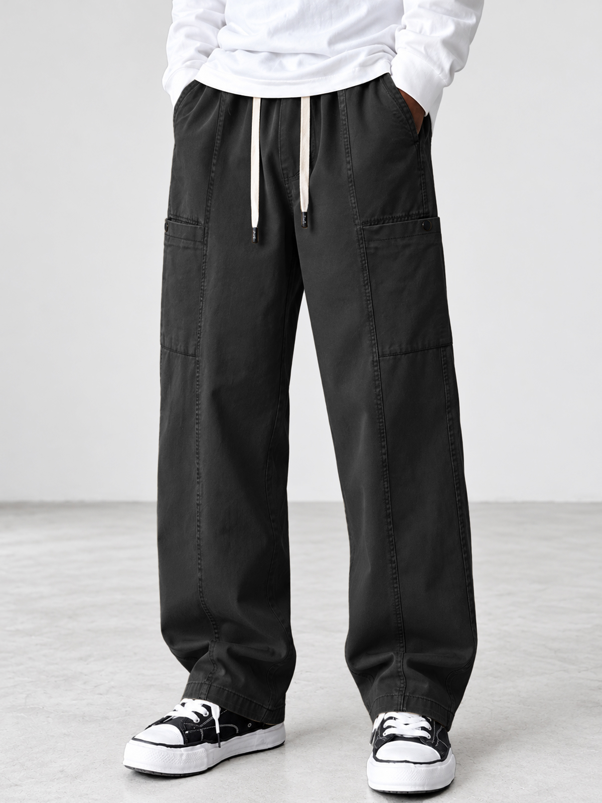Men's 100% Cotton Retro Washed Multi-Pocket Straight Leg Pants