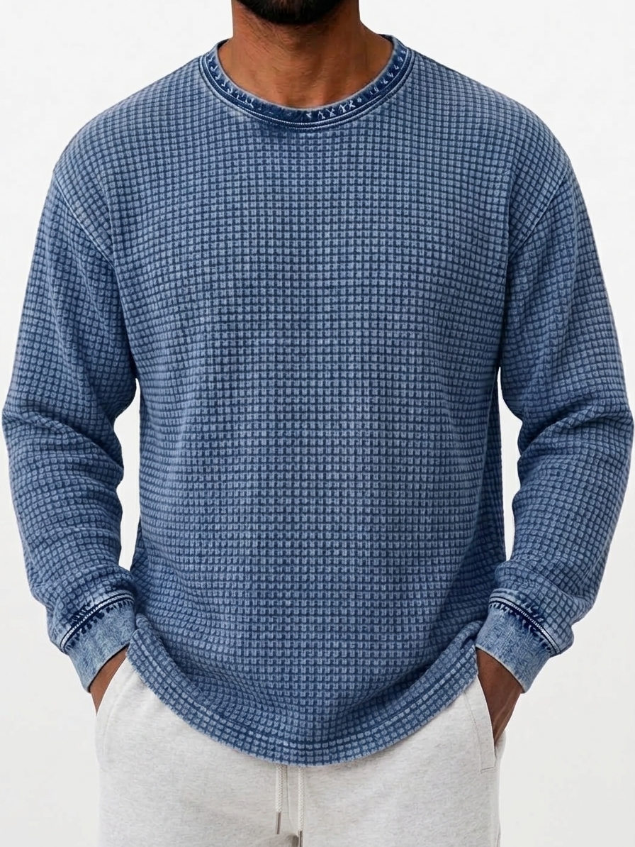 Men's Retro Distressed Waffle Knit Crew Neck Long-Sleeve T-Shirt