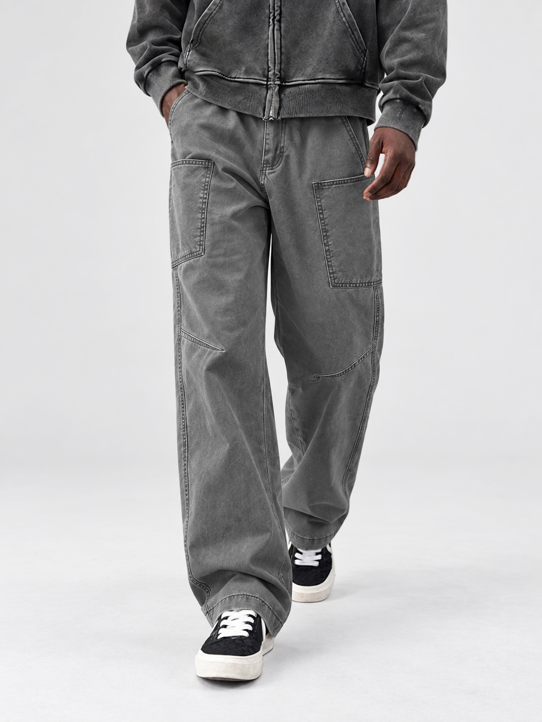Men's Autumn 100% Cotton Vintage-Washed Multi-Pocket Straight-Leg Trousers